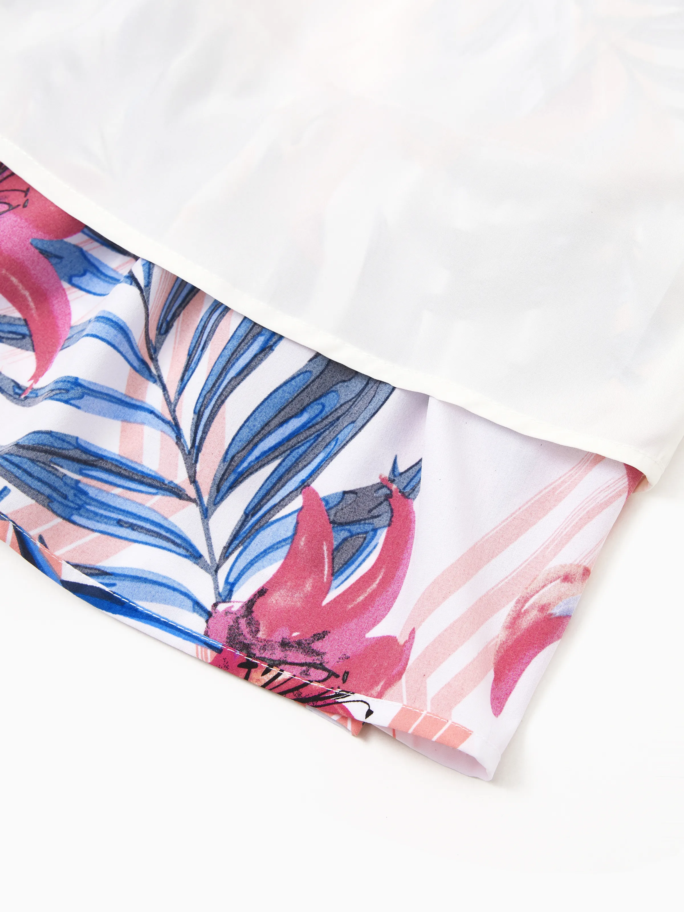 Tropical Floral Family Matching Outfits Pink Blue Leaf Print Short-sleeve Shirt or One Shoulder Smocked top and Skirt Co-ord Set for Vacation, Cruise, Beach White - Image 9